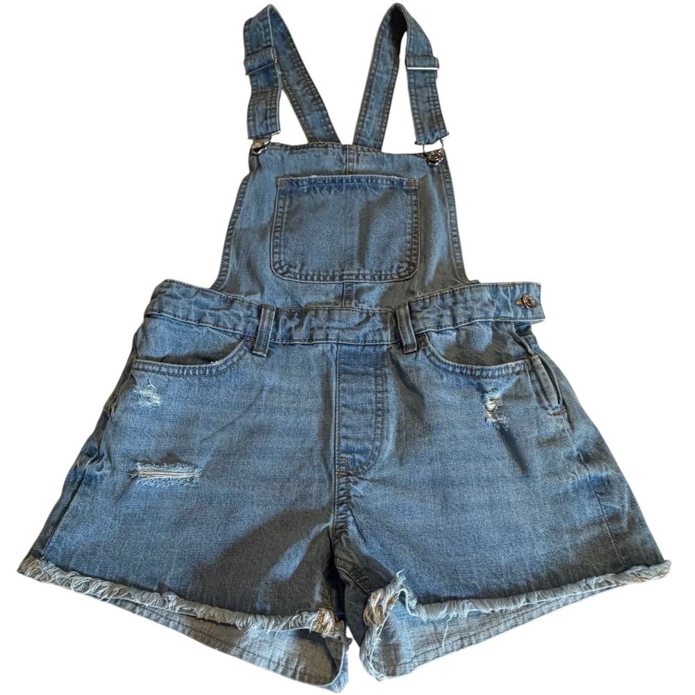 Bershka Denim Shortalls Light Wash Distressed Jean Overalls Womens Size Small